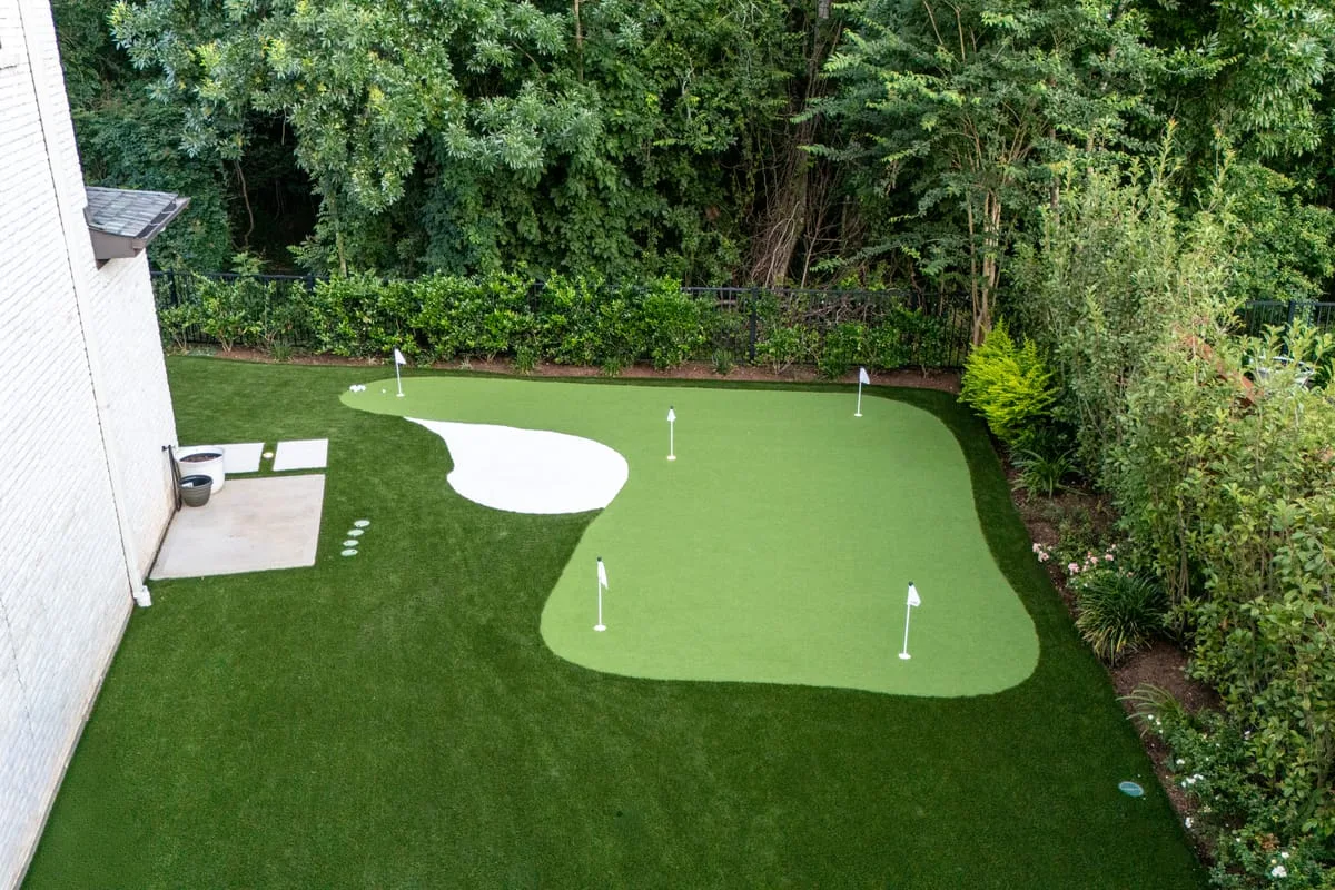aerial view of artificial turf putting green installation in Houston TX